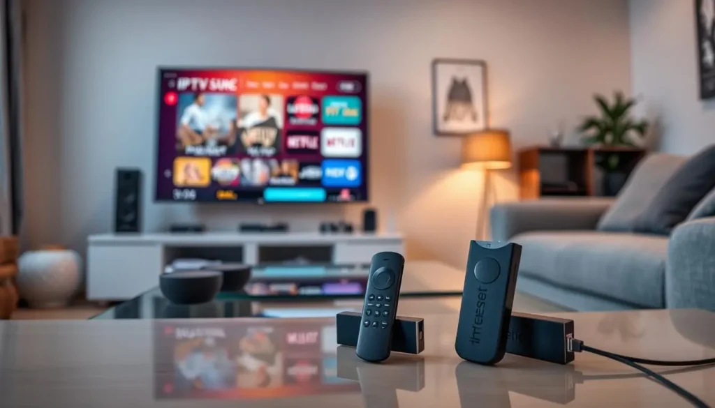 fire tv stick iptv mit Player-Oberfläche und Programmansicht