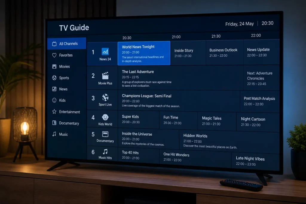 IPTV EPG mit verschiedenen Senderkategorien für Sport, Filme und Nachrichten